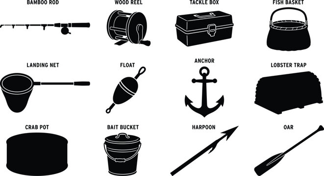 fishing equipment vector icon set featuring rod reel tackle box basket net float anchor lobster trap and harvesting silhouettes