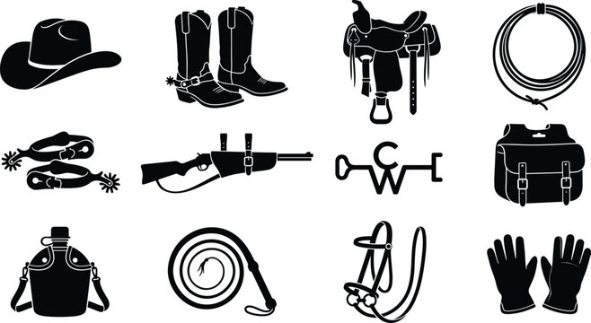 Cowboy western and wild west equestrian equipment vector icon set featuring hat boots saddle lasso rifle branding iron canteen silhouettes