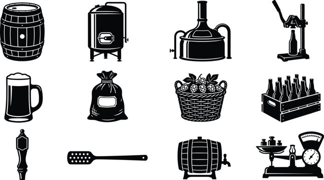 Beer brewing and brewery equipment vector icon set featuring wooden barrel fermentation tank capper hops basket crate and mug silhouettes