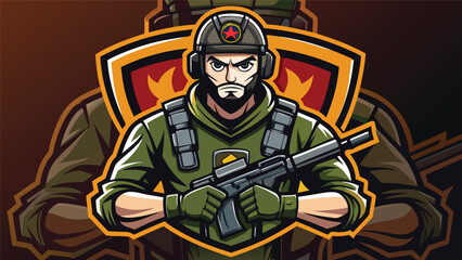 Fototapeta premium A determined soldier's portrait with tactical gear and firearm presented with dynamic linework and bold colors. Ideal for gaming logos or military branding.