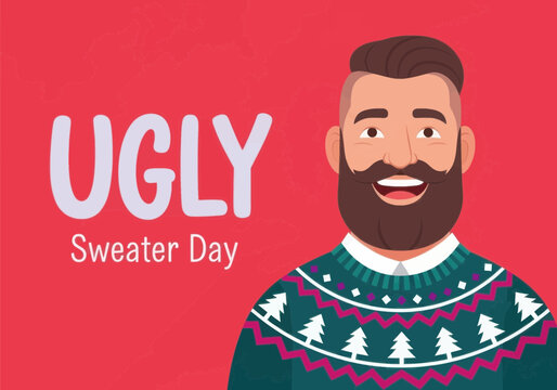 Ugly sweater day illustration with bearded man