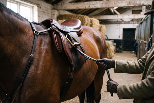 a rider s hands pulling a leather girth strap tight to secure a polished english riding saddle onto a horse s back