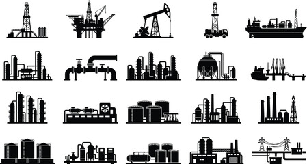 Obraz premium Oil and Gas Industry Vector Icons Set with Refinery Offshore Rig and Energy Infrastructure