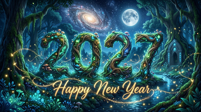 Happy New Year 2027 Celebration, Enchanted forest with glowing 2027 numbers magical night fireworks holiday greeting vector illustration