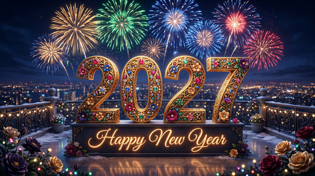 Happy New Year 2027 Celebration, Festive fireworks golden numbers holiday greeting banner with city skyline night vector illustration