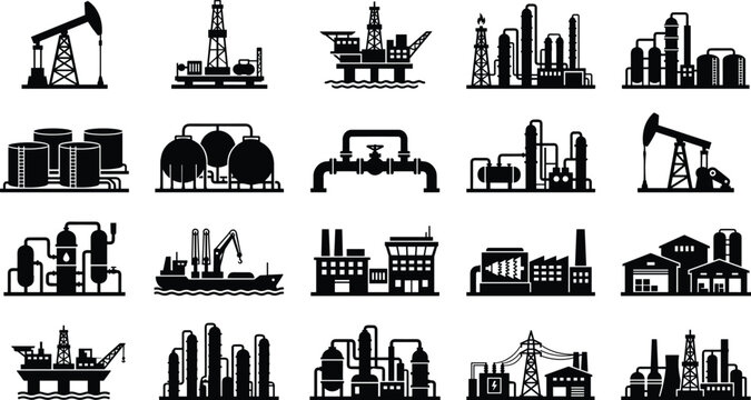 Oil and Gas Industry Icons Set with Petroleum Refinery Offshore Rig and Energy Equipment