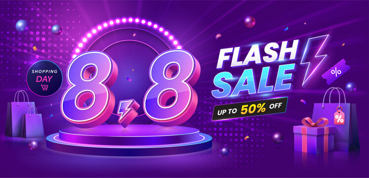 Modern 8.8 flash sale vector banner featuring 3D typography, neon glowing ring, colorful gradient background and futuristic e-commerce promotion design for online shopping events.