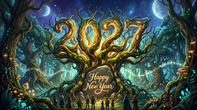 Happy New Year 2027 Celebration, Fantasy tree shaped 2027 numbers in enchanted forest with magical holiday vector illustration