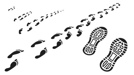 Human footprints and shoe sole vector set with growing size barefoot walking trail silhouette illustration © Snowar