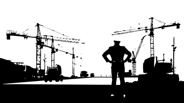 Construction Site Silhouette Icon - Engineer Engineer Crew Tower Cranes and Truck Vector Graphic
