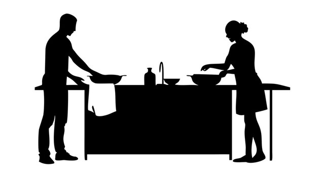 Couple Washing Dishes Silhouette Icon - Man and Woman Doing Kitchen Chores and Cleaning Plates Vector Graphic