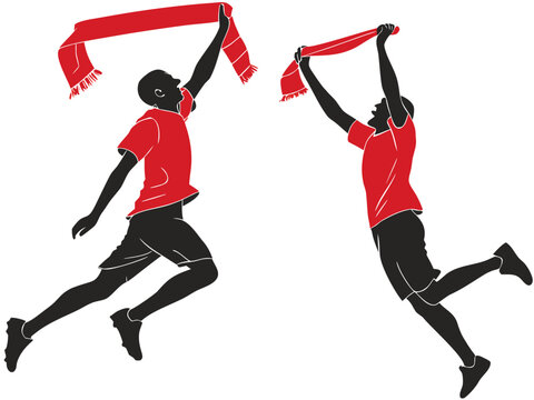 Jumping Sports Fans Silhouette Icon - Cheering Football Supporters with Red Scarves Vector Graphic