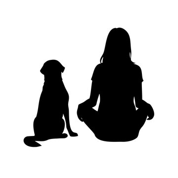 Woman Sitting Cross-Legged with Dog Silhouette Icon - Girl and Pet Friend Back View Vector Graphic
