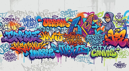 Urban graffiti mural with street vibes lettering and character on a light wall © S.Siam