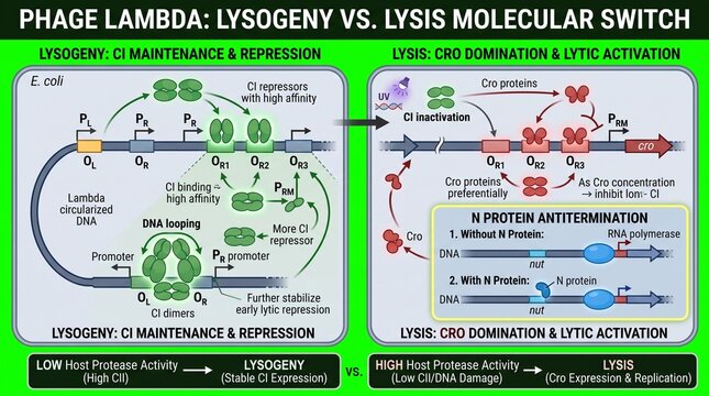 Phage Lambda Lysogeny vs Lysis Molecular Switch Diagram for Biology Education