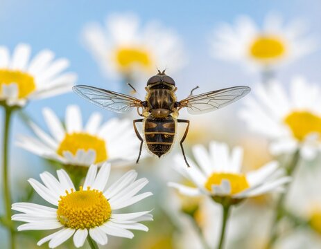 A graceful hoverfly in delicate flight, captured mid-air among a vibrant field of cheerful white daisies, highlighting the serene beauty and intricate dance of nature on a bright summer day