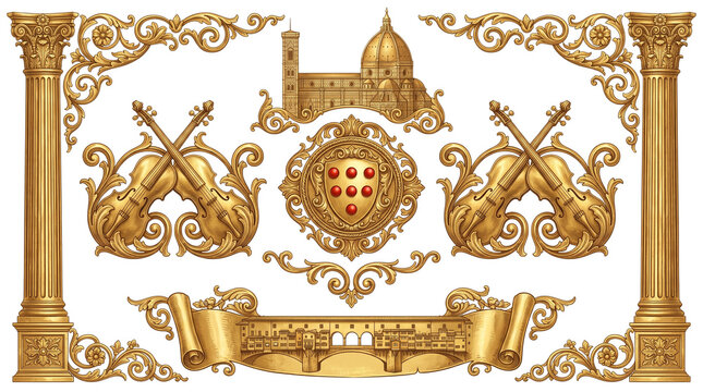 Renaissance gold ornament set with violins and architectural elements, ornate baroque golden frame collection, vintage classical music and heraldry design isolated PNG with Transparent Background