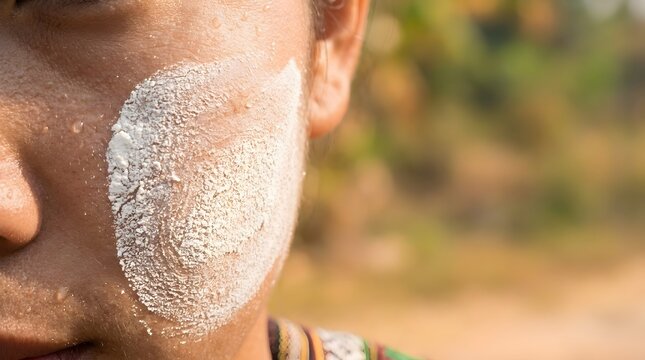 Close up of face with traditional white thanaka paste on cheek for sun protection in Myanmar