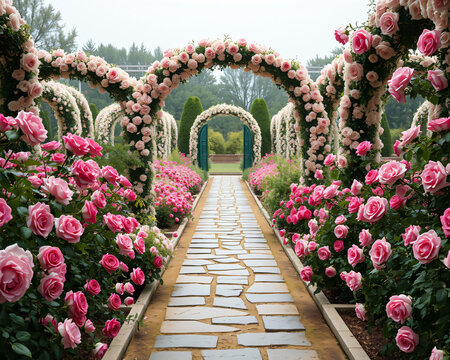 Chemin de jardin romantique avec une arche couverte de roses roses en fleurs, all&eacute;e pav&eacute;e entour&eacute;e de fleurs color&eacute;es en &eacute;t&eacute;