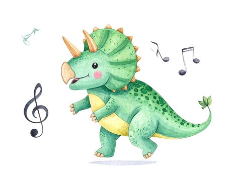 A green cartoon dinosaur with a yellow belly and horn dancing with musical notes
