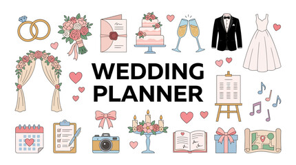 Fototapeta premium Vibrant collection of wedding planning essentials, including rings, attire, cake, and decor, perfect for illustrating event organization and joyous celebration designs