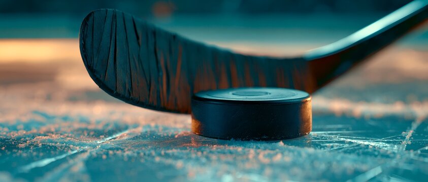 Hockey stick rests beside puck on ice surface. 64k 8k widescreen, HDR