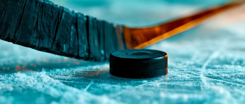 Ice hockey stick rests beside puck on frozen surface. 64k 8k widescreen, HDR