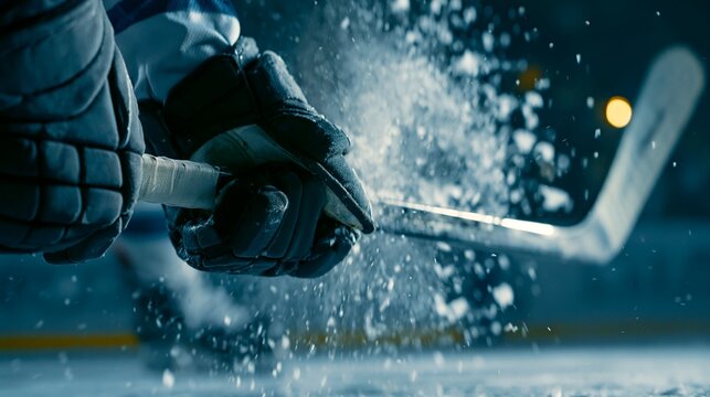 Ice hockey player grips stick with gloved hands. 64k 8k widescreen, HDR