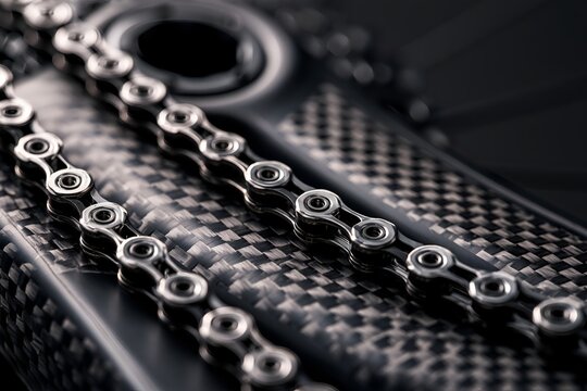 Metal bicycle chain rests on carbon fiber surface. 64k 8k widescreen, HDR