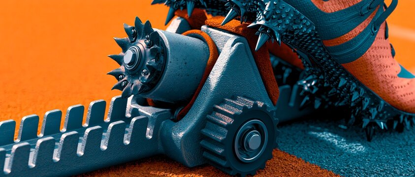 Metal gear mechanism rests on textured surface. 64k 8k widescreen, HDR