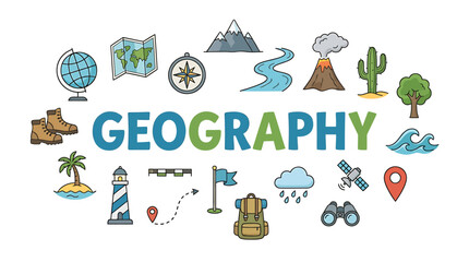 Fototapeta premium Vibrant educational illustration depicting the diverse elements and core concepts of geography, encompassing natural landscapes, global exploration, and essential travel-related iconic symbols