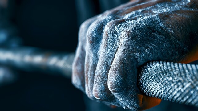 Powerful hand grips weight, covered in chalk dust. 64k 8k widescreen, HDR