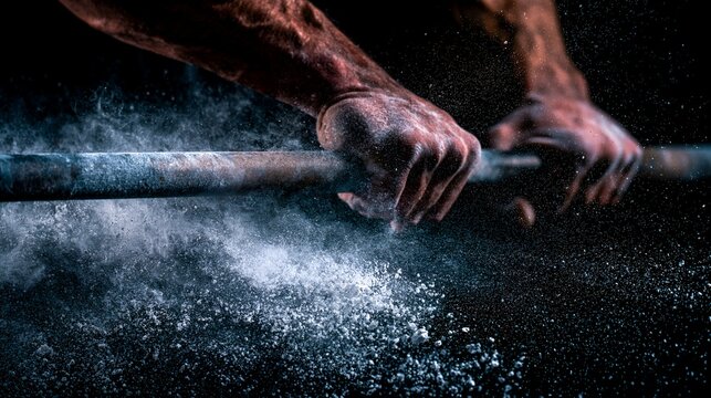 Powerful hands grip a barbell. 64k 8k widescreen, HDR