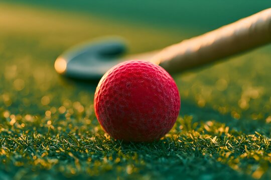 Red ball rests on green grass. 64k 8k widescreen, HDR