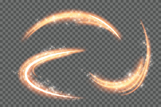 Golden swirling energy trails of glow with magical shimmering effects on a transparent background. Shimmering glitter particles and luminous, smooth curves