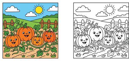Fototapeta premium Coloring book page for kids with colored example of cute cartoon pumpkins in a farm patch, autumn and halloween vector illustration.