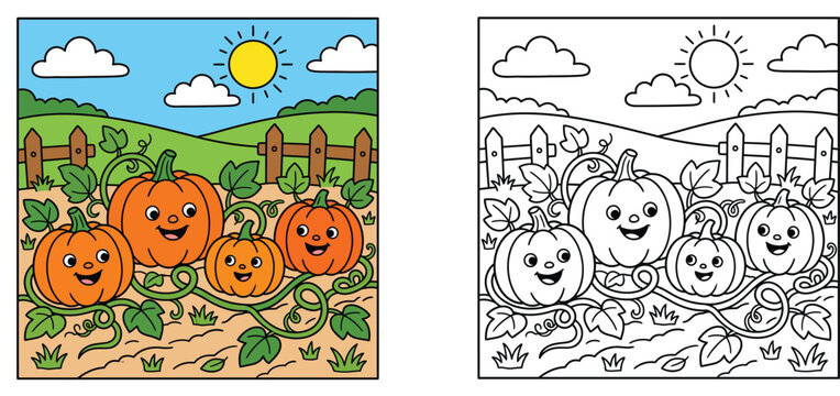 Coloring book page for kids with colored example of cute cartoon pumpkins in a farm patch, autumn and halloween vector illustration.