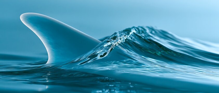 Sharp fin breaks water's surface, creating ripples. 64k 8k widescreen, HDR