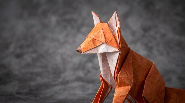 Origami orange fox sitting on dark background