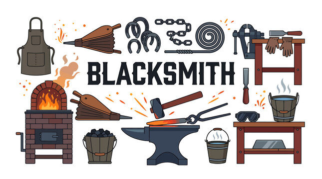 A comprehensive array of traditional blacksmithing tools and equipment, depicting the ancient craft of metal forging and shaping with heat and force, essential for artisanal ironwork