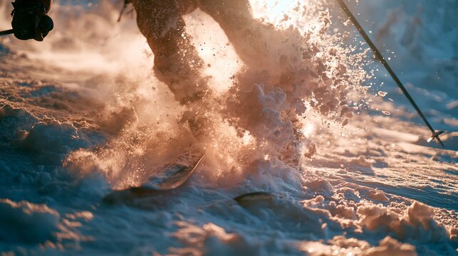 Skiing through snow at golden hour. 64k 8k widescreen, HDR