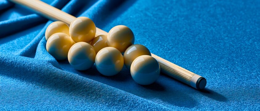 Sleek set of pool cues leans casually beside a row of pristine white bi. 64k 8k widescreen, HDR