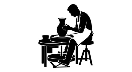 Fototapeta premium Potter wearing apron shaping ceramic jar on wheel silhouette