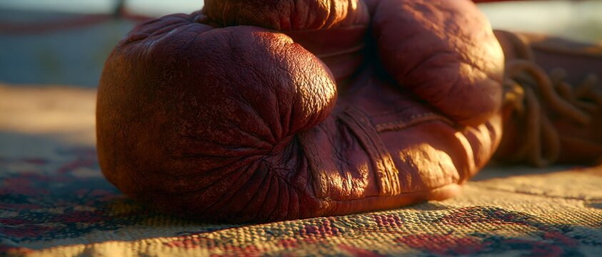 Sunlight glows warmly on worn boxing gloves. 64k 8k widescreen, HDR