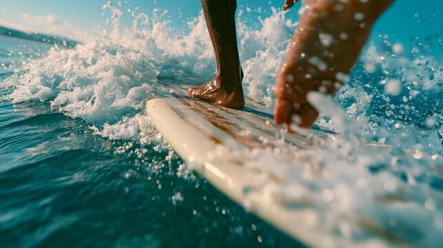 Surfer rides wave with feet planted on board. 64k 8k widescreen, HDR