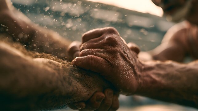 Two hands grip tightly, covered in grit and sweat. 64k 8k widescreen, HDR