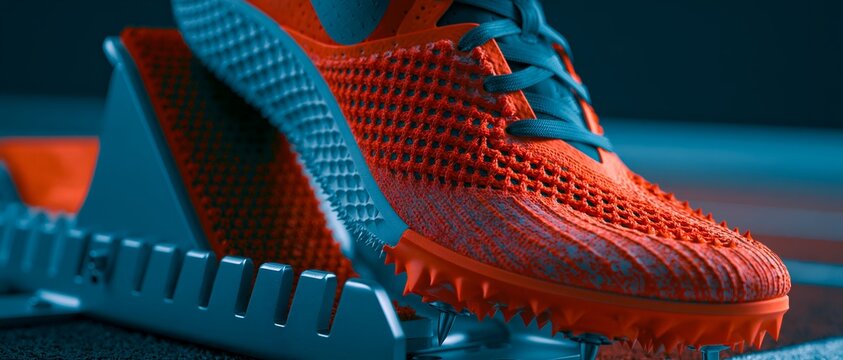 Vibrant orange shoe rests on blue track starter block. 64k 8k widescreen, HDR