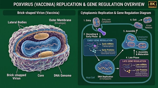 Scientific Diagram Illustrating Poxvirus Morphology and Cytoplasmic Replication Processes in a Detailed Educational Infographic Style