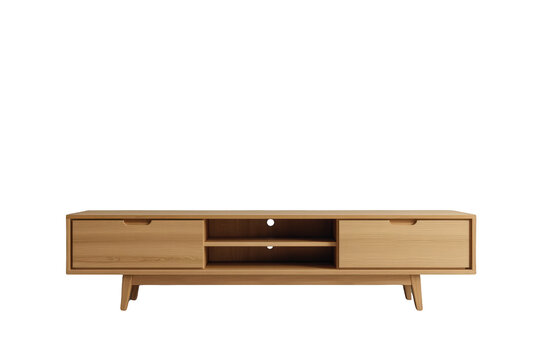 Mid-century style wooden tv stand displaying clean lines and functional storage with a transparent background