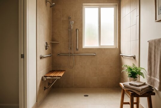 Warm accessible bathroom with walk-in shower, grab bars, shower seat and non-slip floor, senior-friendly home, no people
